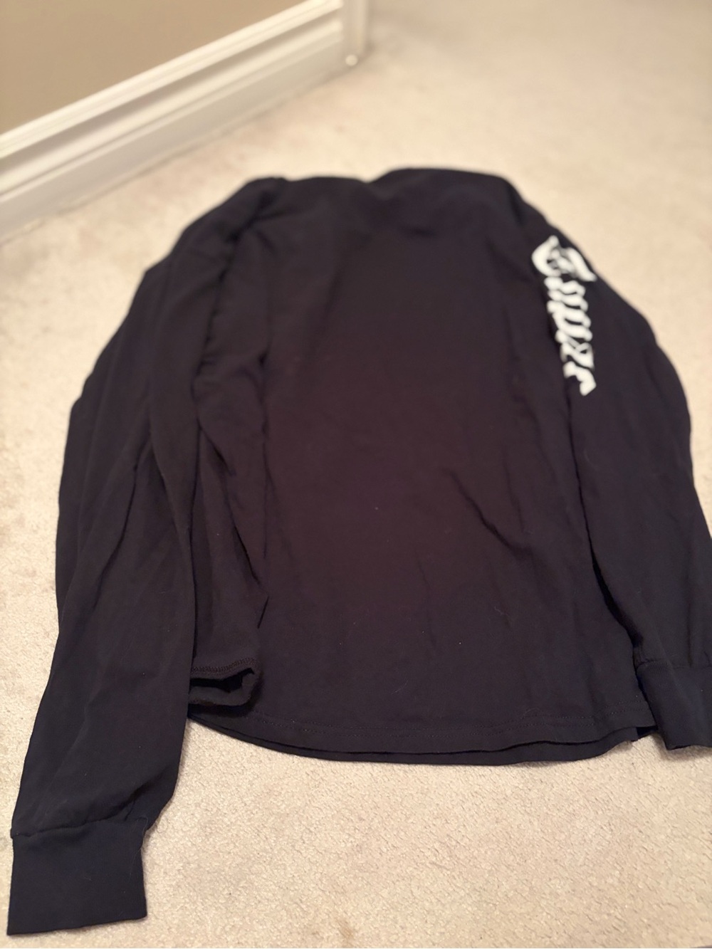 Spencer's Black Long-Sleeve Graphic Tee with White Sleeve Script